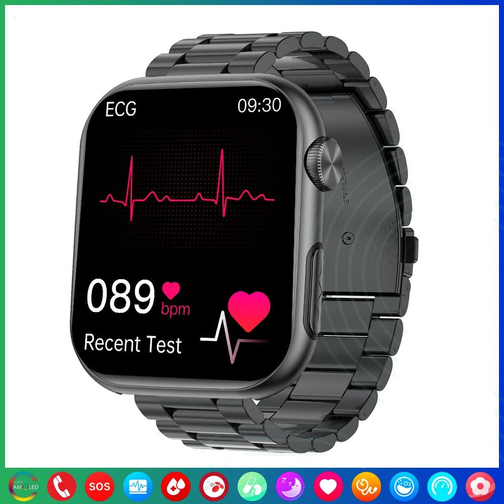 Montre intelligente de glycémie haut de gamme pour hommes avec assistant vocal AI, appel Bluetooth, mesure automatique de l'oxygène dans le sang par infrarouge, surveillance de la santé, ECG et PPG