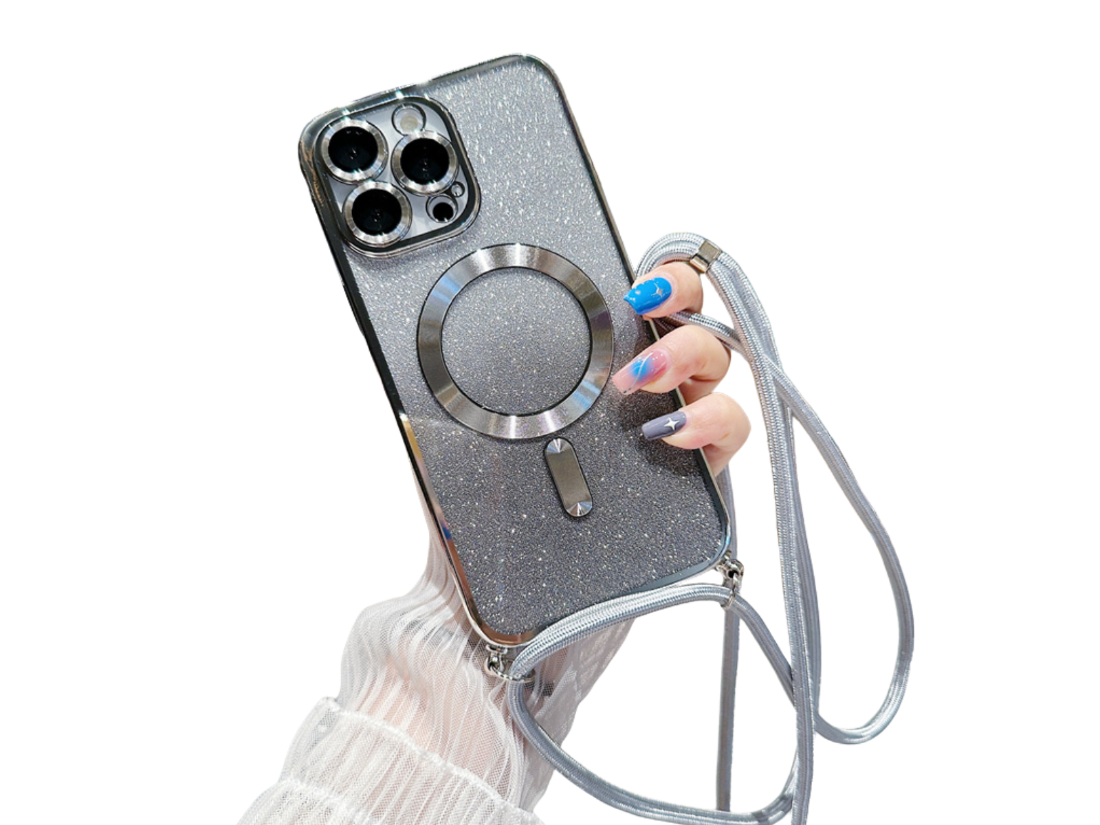 <tc>Coque magnétique de luxe pour iPhone avec bandoulière et paillettes dégradées | Étui MagSafe avec protection d’objectif caméra | Apple iPhone 17/17 Air/16/16e/15/14/13 Pro Max Plus | Étui blindé en TPU souple plaqué, protection haut de gamme</tc>