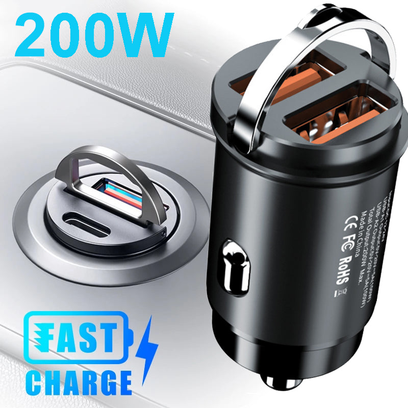 Mini chargeur de voiture 200 W de haute qualité avec fonction de charge rapide pour Apple iPhone 15 14 13 12 11 Pro Max Plus Mini, Android, Xiaomi, Samsung, Huawei | QC 3.0 PD, chargeur de téléphone de voiture USB Type C