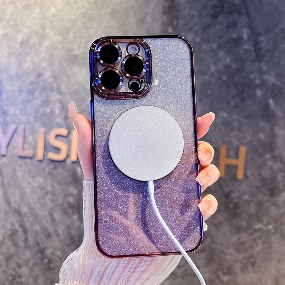 <tc>Coque magnétique de luxe pour iPhone avec bandoulière et paillettes dégradées | Étui MagSafe avec protection d’objectif caméra | Apple iPhone 17/17 Air/16/16e/15/14/13 Pro Max Plus | Étui blindé en TPU souple plaqué, protection haut de gamme</tc>