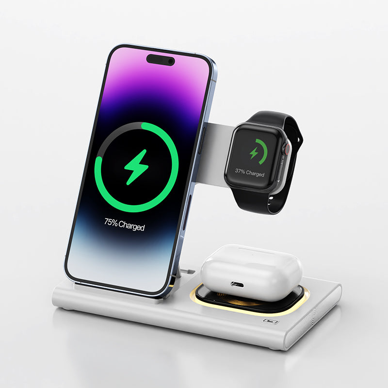 Support de chargeur magnétique sans fil 3 en 1 15 W | pour iPhone 15/14/13/12 Pro Max Plus, Apple Watch 9/8/7/6, AirPods | Station d'accueil de chargement rapide sans fil