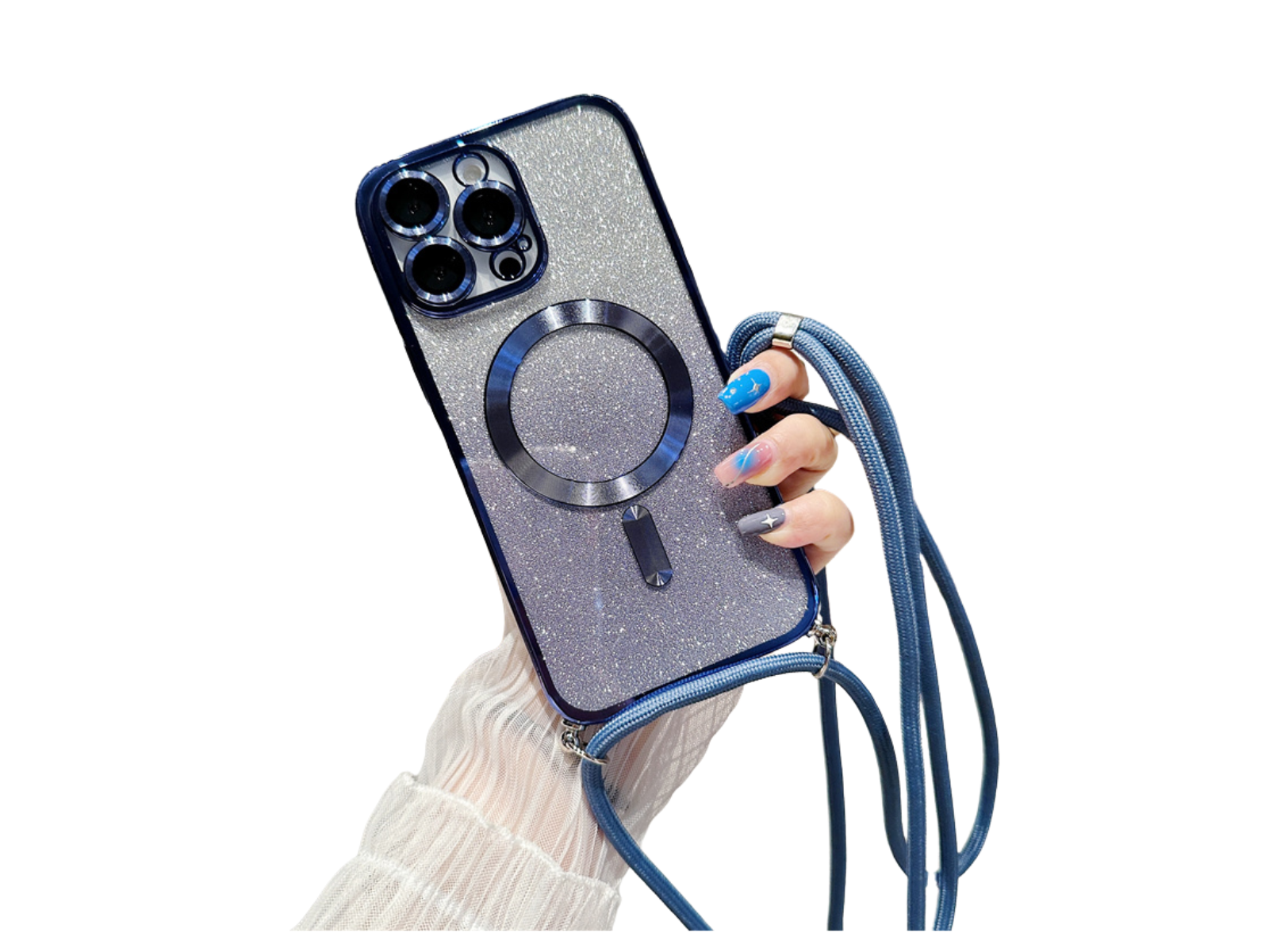 <tc>Coque magnétique de luxe pour iPhone avec bandoulière et paillettes dégradées | Étui MagSafe avec protection d’objectif caméra | Apple iPhone 17/17 Air/16/16e/15/14/13 Pro Max Plus | Étui blindé en TPU souple plaqué, protection haut de gamme</tc>