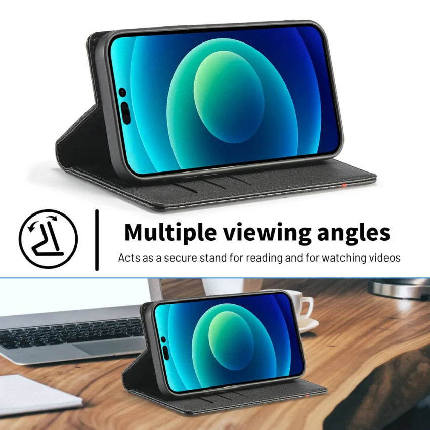 Premium Brieftasche aus Kohlefaser-Leder | Magnetisches Flip-Book-Cover iPhone Hülle | MagSafe Case mit Kartenhalter, Stand und Geldbörse, Portmonee Funktion für Apple iPhone 17/17 Air, 16/16e, 15, 14, 13, 12 Pro Max Plus Mini - Vielseitige Schutzhülle