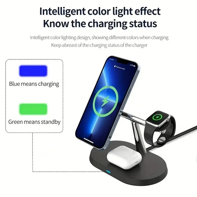 3 in 1 Wireless Fast Magnetic MagSafe Charging Station | Wireless Charging Station Fast Docking Charger for Smartphones, Apple iPhone, Samsung, iOS & Android, Watch & AirPods