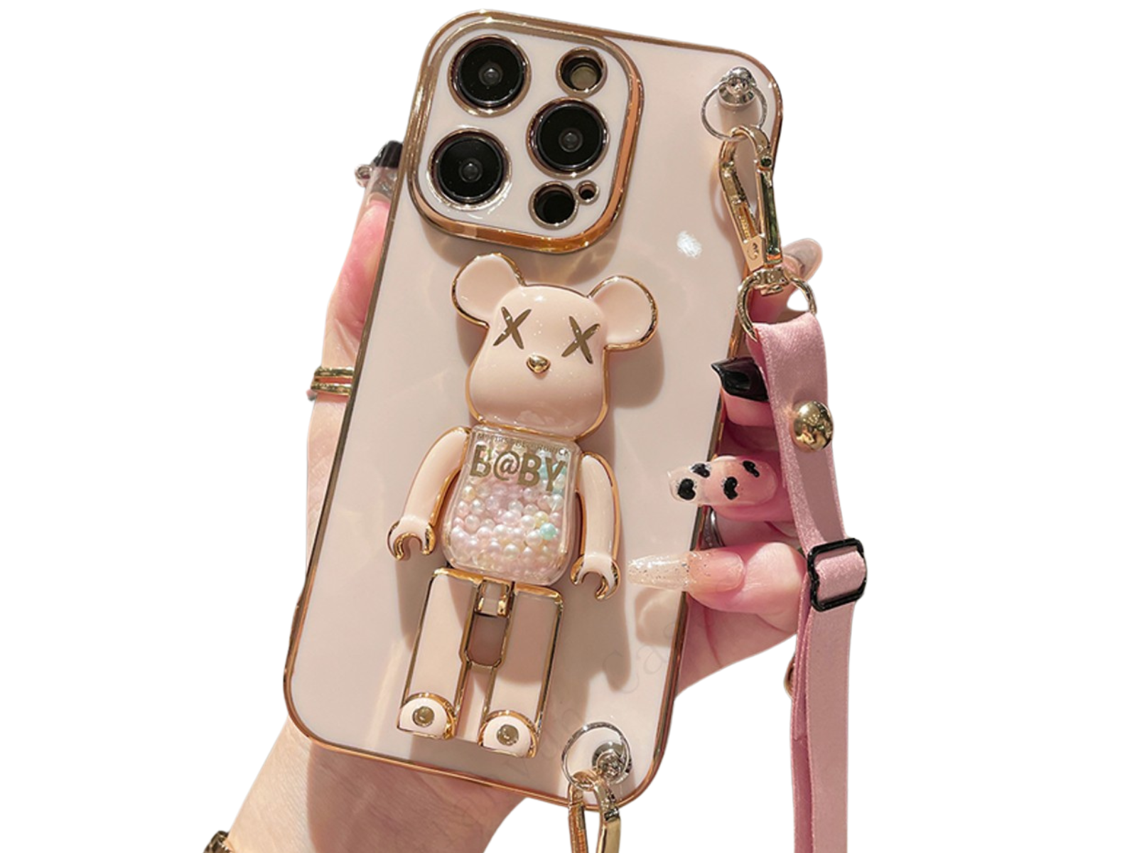 Luxus 3D Bärenhalterung Crossbody Armband mit Riemen & Lanyard iPhone Hülle | MagSafe Case mit Rundumschutz und Kameralinsenschutzabdeckung für Apple iPhone 17/17 Air, 16/16e, 15, 14, 13 Pro Max Plus Cover | Panzertasche Handyhülle | Premium Schutzhülle