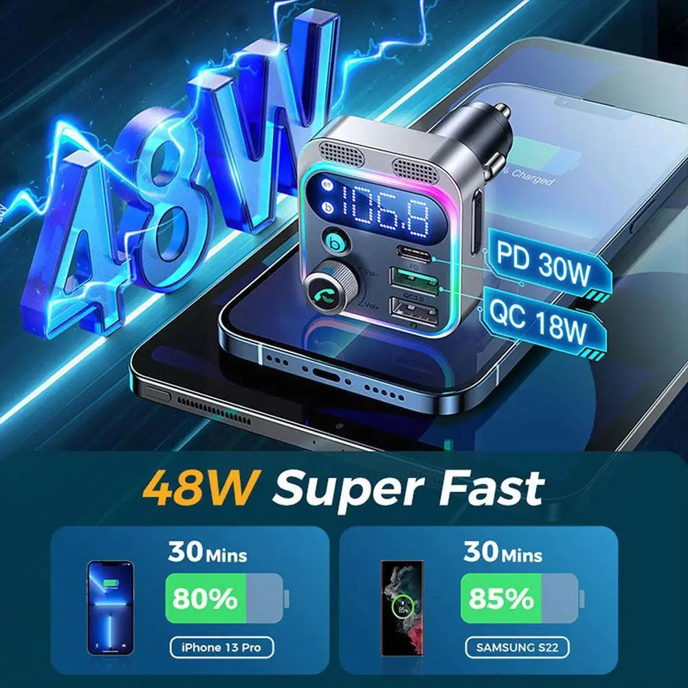 Transmetteur FM Bluetooth 5.2 haut de gamme, chargeur USB pour voiture, adaptateur FM/Aux, amplificateur de basses, station de recharge USB pour voiture à 3 ports