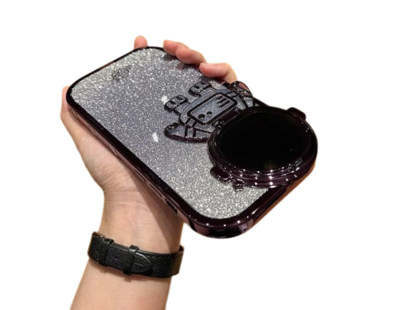 Étui d'astronaute avec film pailleté et support d'objectif protecteur d'appareil photo | Coque arrière en TPU souple de qualité supérieure absorbant les chocs pour Apple iPhone