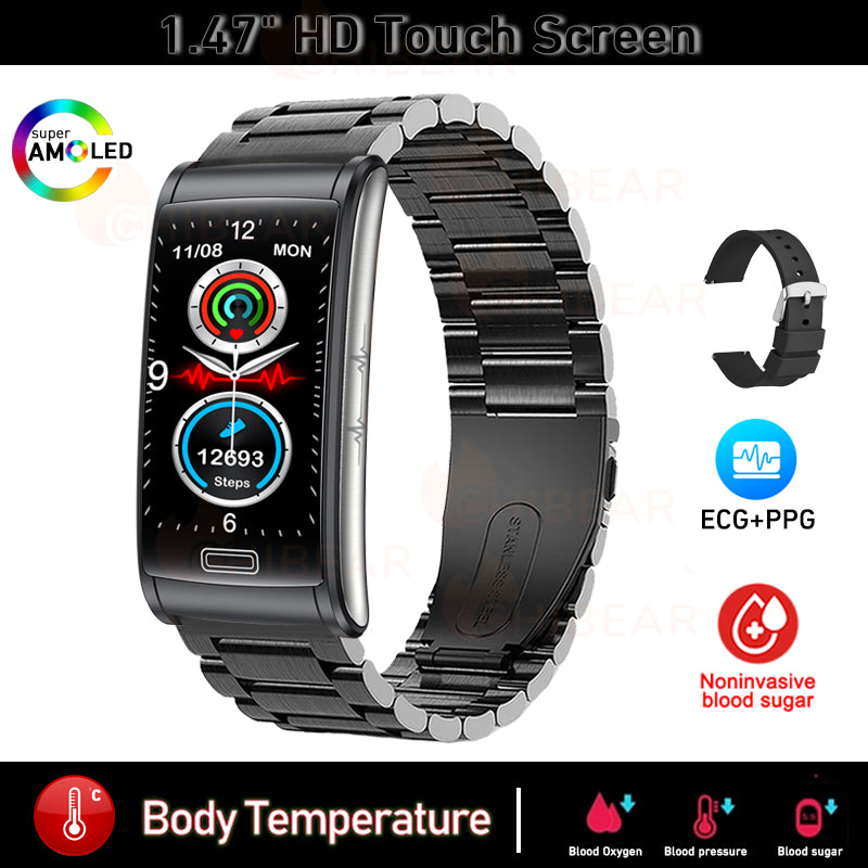 Bracelet intelligent de santé ECG + PPG de glycémie non invasif de haute qualité | Montre intelligente de sport étanche IP68 pour hommes avec surveillance de la glycémie