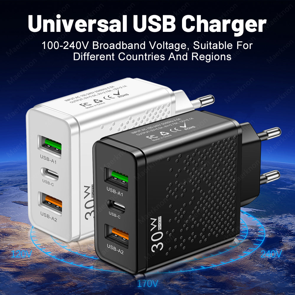 Chargeur USB C - Alimentation 60W Power Delivery quick charge 3.0 Type-C pour smartphones iPhone, iOS, Xiaomi, Samsung, Huawei & Android - Charge rapide Qualcomm avec 3 ports USB et 1 port Type-C