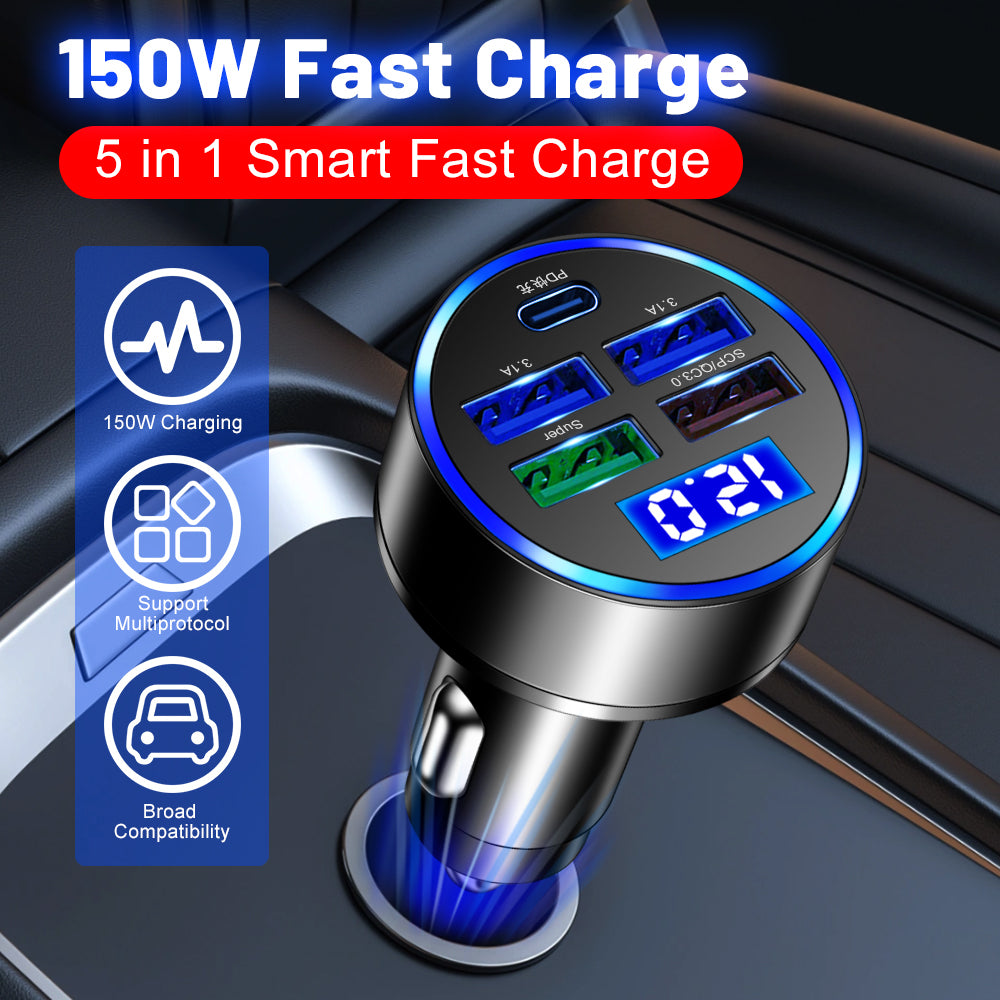 Chargeur de voiture USB Type-C et adaptateur allume-cigare multiport | Chargement rapide premium pour les appareils iOS iPhone et Xiaomi, Huawei, Samsung et Android