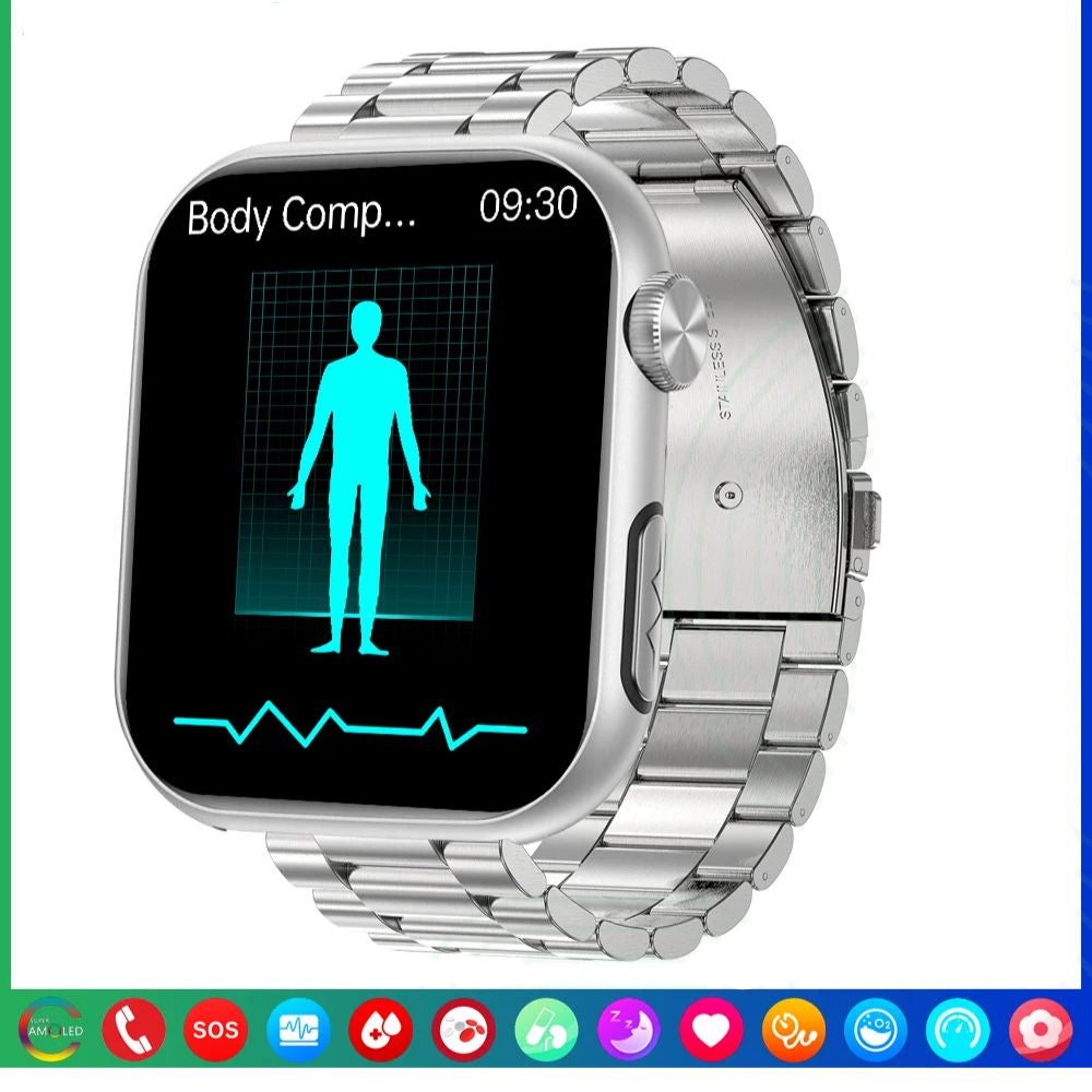 Montre intelligente de glycémie haut de gamme pour hommes avec assistant vocal AI, appel Bluetooth, mesure automatique de l'oxygène dans le sang par infrarouge, surveillance de la santé, ECG et PPG