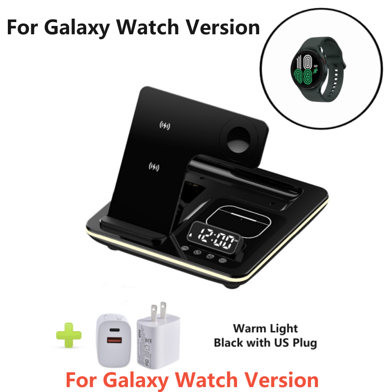 Station de charge rapide sans fil 5-en-1 30W Premium avec LED | Station de chargement rapide sans fil, chargeur avec support et réveil pour iPhone, Samsung, Android, Apple et Galaxy Watch, AirPods