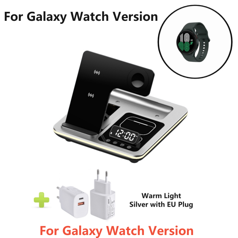 Station de charge rapide sans fil 5-en-1 30W Premium avec LED | Station de chargement rapide sans fil, chargeur avec support et réveil pour iPhone, Samsung, Android, Apple et Galaxy Watch, AirPods