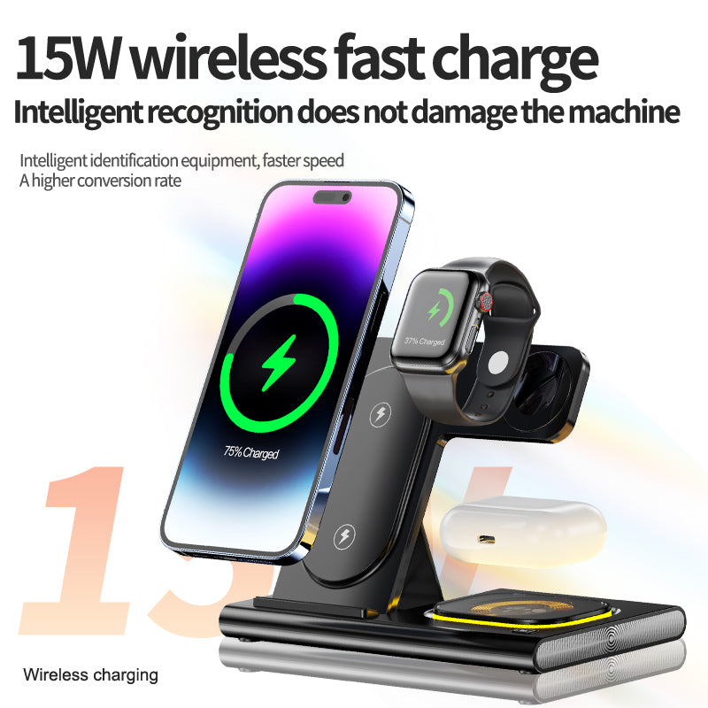 Support de chargeur magnétique sans fil 3 en 1 15 W | pour iPhone 15/14/13/12 Pro Max Plus, Apple Watch 9/8/7/6, AirPods | Station d'accueil de chargement rapide sans fil