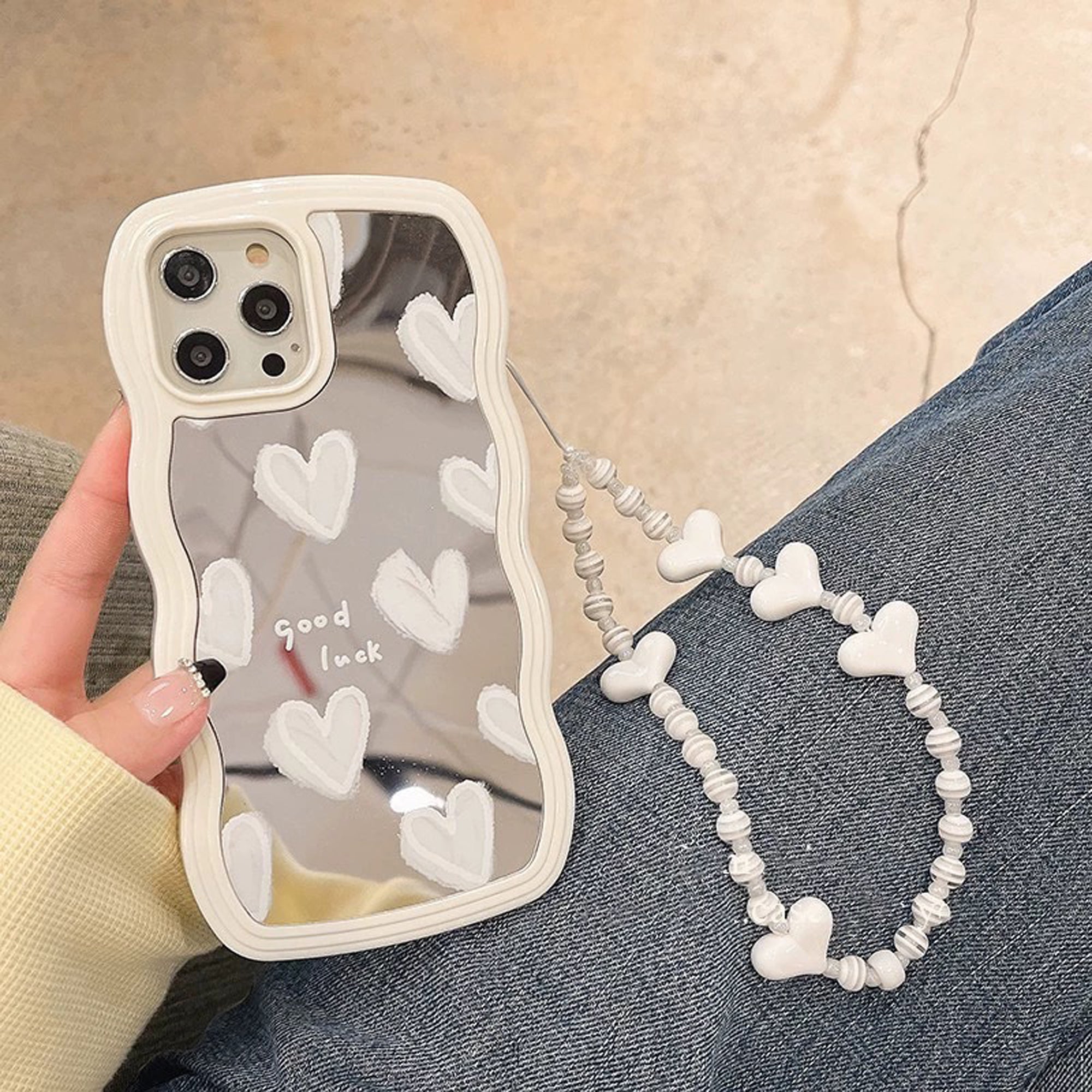 Beautiful White Heart Design Makeup Mirror iPhone Case | MagSafe-Compatible Protective Case with 360-Degree Protection and Camera Lens Cover for Apple iPhone 16/16e, 15, 14, 13, 12 Pro Max, Pro, Plus & Mini Cover | Armor Case and Bumper Cover