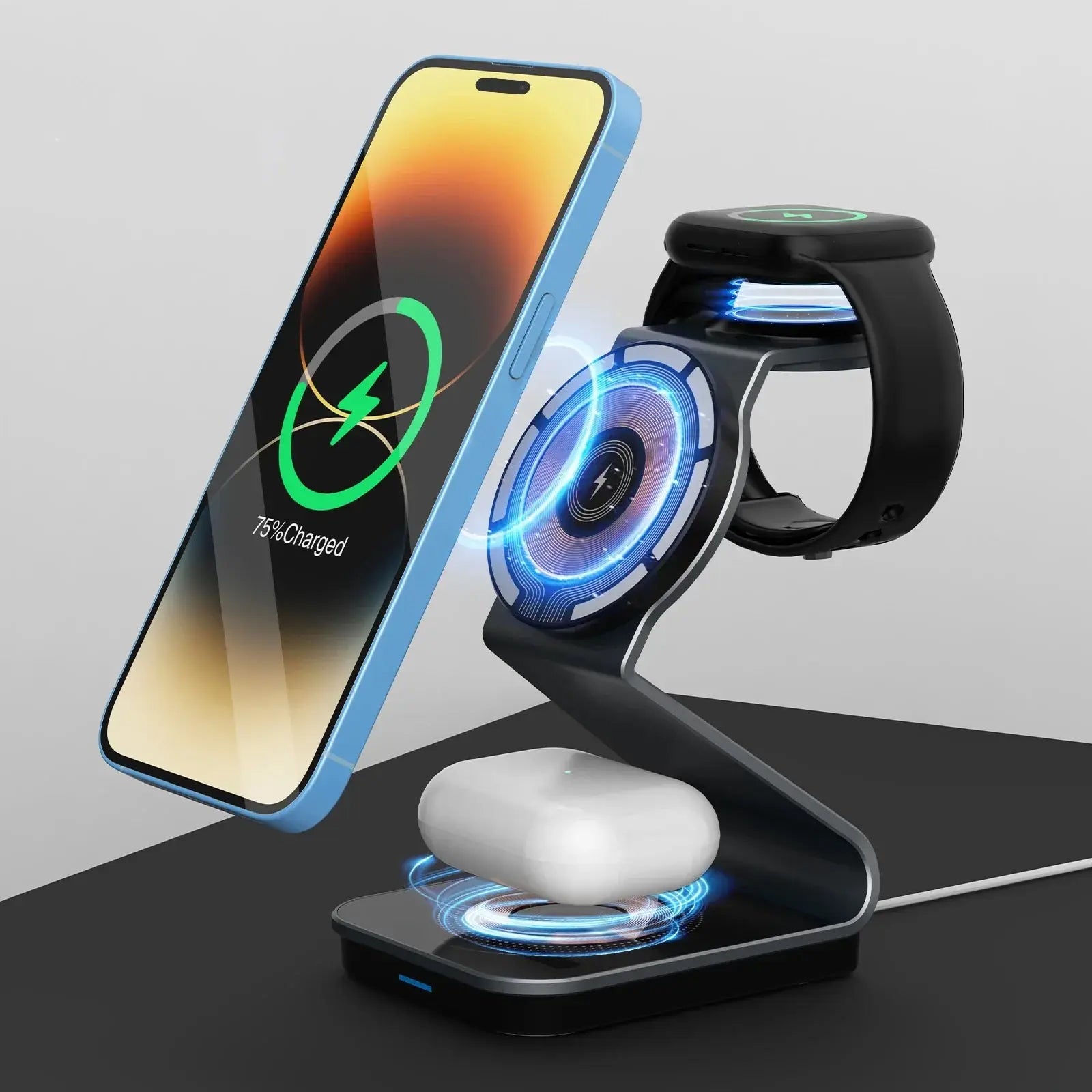 Station de charge magnétique pliable 3 en 1 Chargeur sans fil 15 W Station de charge rapide en aluminium Station d'accueil Station de charge sans fil Apple iPhone