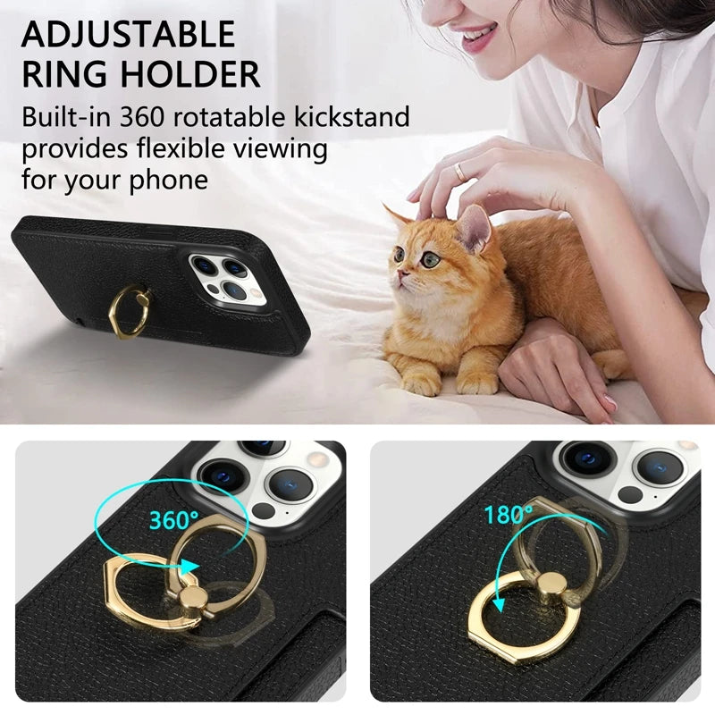 Hochwertiges Kartenfach Leder Brieftasche, Ringhalter und Ständer iPhone Hülle | MagSafe Case, Rundumschutz, Kameralinsenschutzabdeckung für Apple iPhone 17/17 Air, 16/16e, 15, 14, 13 Pro, Max, Plus | Panzer Handyhülle Wallet Geldbörse Schutzhülle