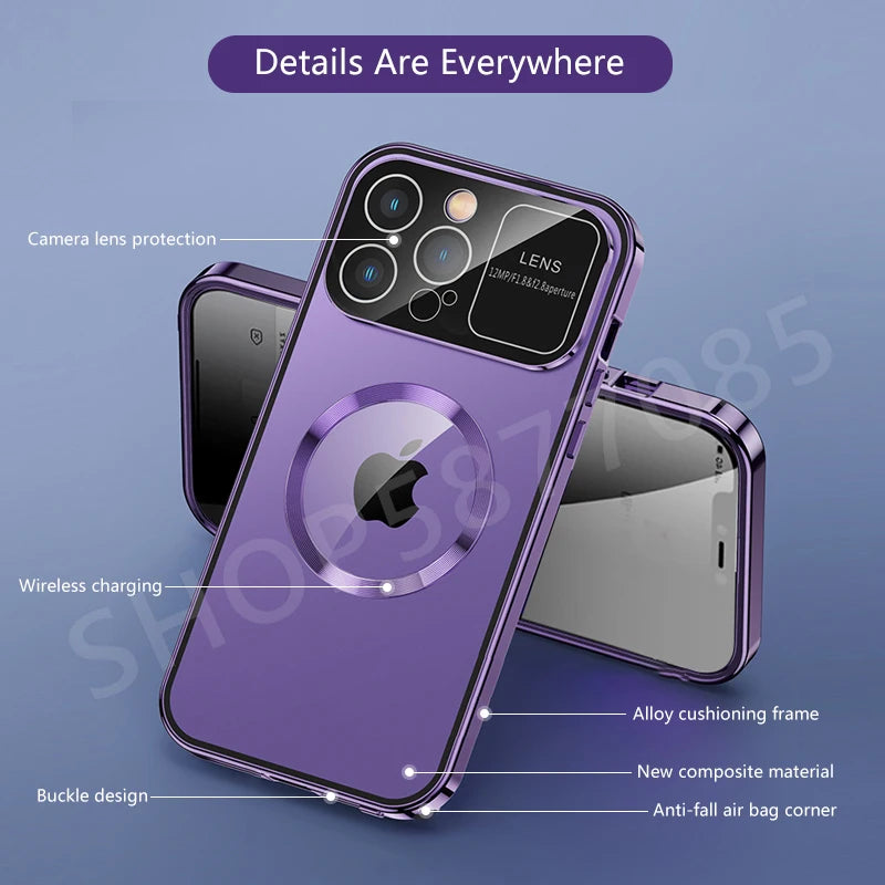 iPhone Hülle mit MagSafe: Premium Doppelseitiges HD-Glas Case, Kabellosem Laden, Kameraobjektivschutz | Stoßfestes Cover, Kameraschutzabdeckung – Magnetische Panzertasche für Apple iPhone 17/17 Air, 16/16e, 15, 14, 13 Pro Max Plus Mini | Luxus Handyhülle