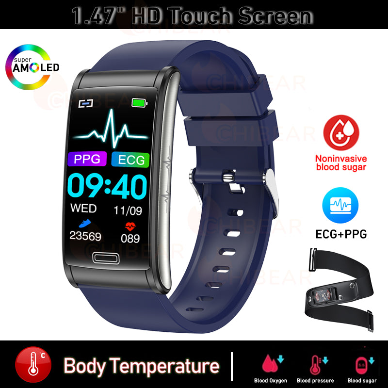 Bracelet intelligent de santé ECG + PPG de glycémie non invasif de haute qualité | Montre intelligente de sport étanche IP68 pour hommes avec surveillance de la glycémie