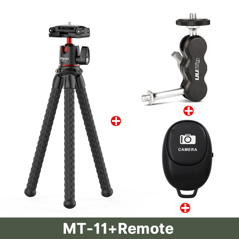 Hochwertiges MT-11 Octopus Flexibles Stativ Verlängerung 1/4 Schraube mit Kugelkopf Cold Shoe Telefonclip | für Telefon
