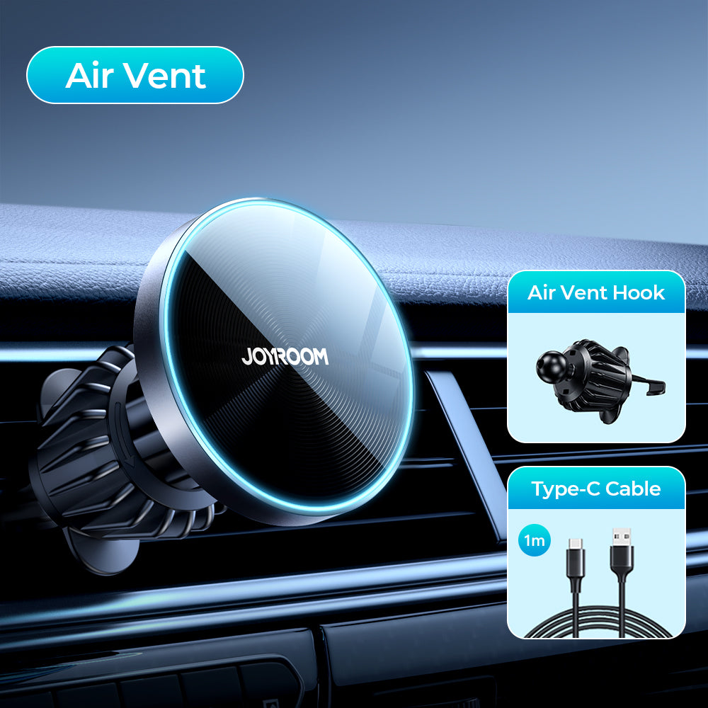 Chargeur sans fil de voiture haut de gamme et support de téléphone de voiture magnétique MagSafe pour Apple iPhone 15, 14, 13, 12, 11 Pro Max Plus Mini - Support de téléphone de voiture à lumière bleue