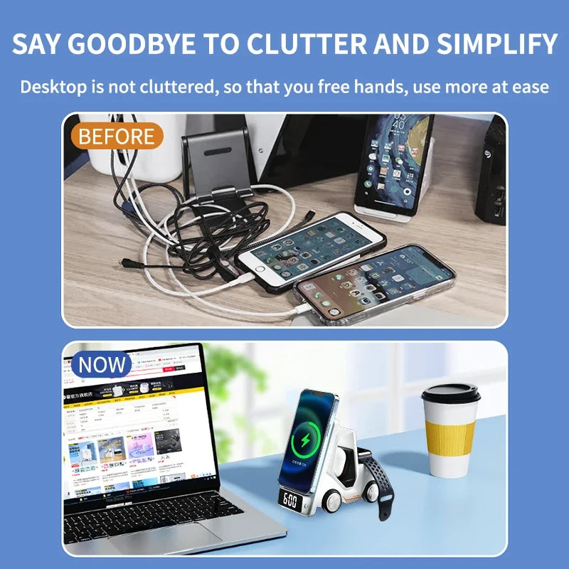 Édition limitée : Station de charge rapide de conception de chariot élévateur MagSafe haut de gamme | Chargeur sans fil pour Apple iPhone, Android, Watch, AirPods | Station de chargement rapide sans fil avec réveil et veilleuse