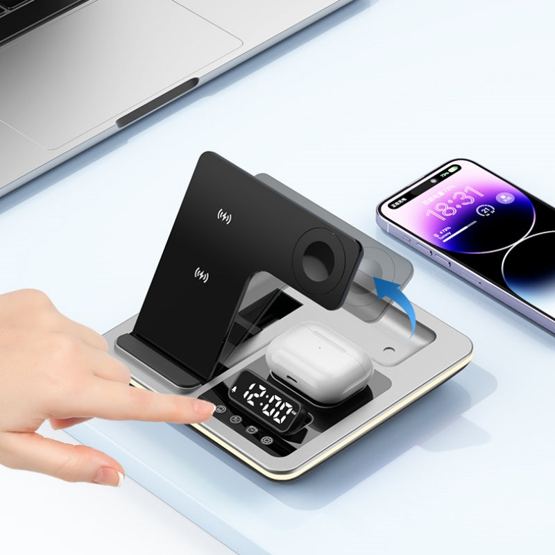 Station de charge rapide sans fil 5-en-1 30W Premium avec LED | Station de chargement rapide sans fil, chargeur avec support et réveil pour iPhone, Samsung, Android, Apple et Galaxy Watch, AirPods