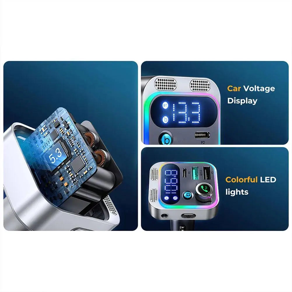 Transmetteur FM Bluetooth 5.2 haut de gamme, chargeur USB pour voiture, adaptateur FM/Aux, amplificateur de basses, station de recharge USB pour voiture à 3 ports