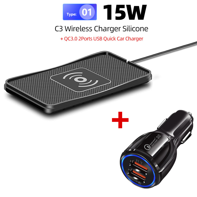 Chargeur de voiture sans fil Premium 30W, station d'accueil en Silicone antidérapant pour Apple iPhone 15 14 13 12 11 Pro Max Plus Mini | Station de recharge sans fil rapide pour voiture
