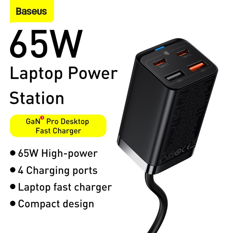 Station de charge rapide de bureau Gan Charger Premium 65W | Adaptateur 4 en 1 pour ordinateur portable et téléphone portable pour Apple iPhone 15 14 13 12 11 Pro Max Plus Mini, iOS, Android, Xiaomi, Samsung - Charge rapide