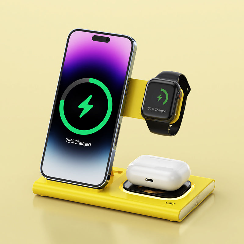 Support de chargeur magnétique sans fil 3 en 1 15 W | pour iPhone 15/14/13/12 Pro Max Plus, Apple Watch 9/8/7/6, AirPods | Station d'accueil de chargement rapide sans fil