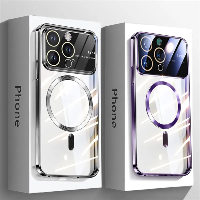 Luxus Ultra-Dünne Apple iPhone Hülle | MagSafe Case mit Kameralinsenschutz | Magnetische, Klare, Transparente, Stoßfeste & Sturzsichere Hart-PC-Glas Cover | Kratzfester Silikon-Bumper, Kabelloses Laden Handyschutzhülle