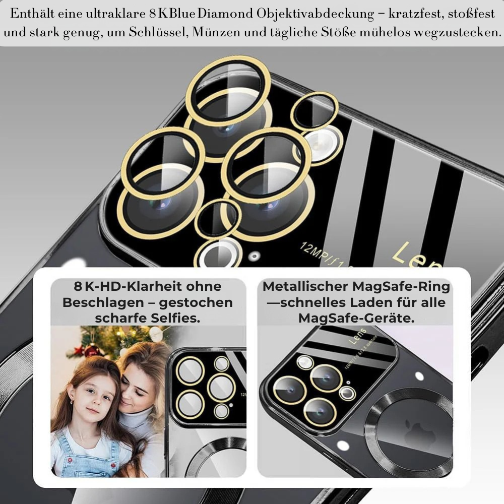 Luxus Ultra-Dünne Apple iPhone Hülle | MagSafe Case mit Kameralinsenschutz | Magnetische, Klare, Transparente, Stoßfeste & Sturzsichere Hart-PC-Glas Cover | Kratzfester Silikon-Bumper, Kabelloses Laden Handyschutzhülle