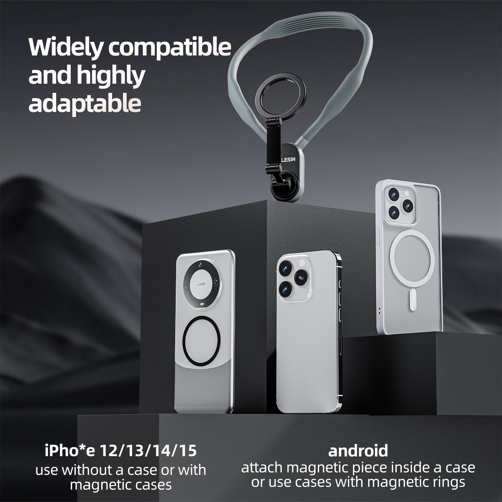 Premium Silikon Magnet Hals-Halterung mit Schnellverschluss für Apple iPhone 15/14/13/12/11/10 Pro Max/Plus/Mini, Samsung