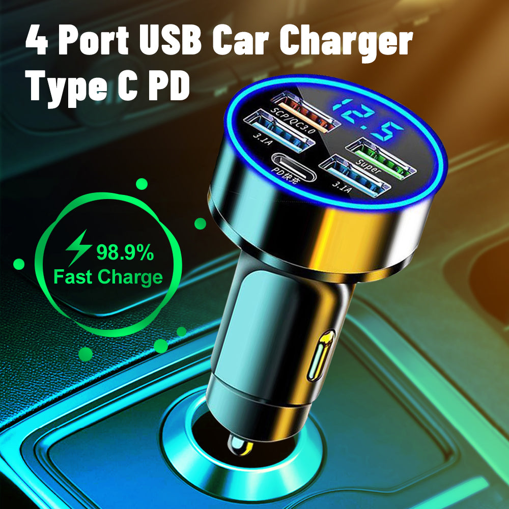 Chargeur de voiture USB Type-C et adaptateur allume-cigare multiport | Chargement rapide premium pour les appareils iOS iPhone et Xiaomi, Huawei, Samsung et Android
