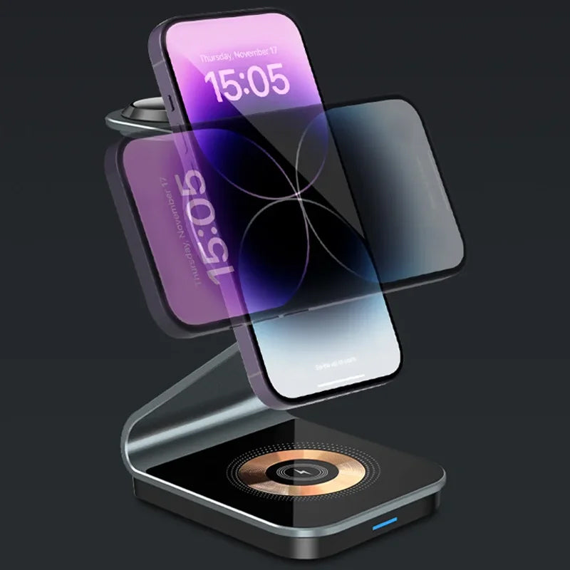 Station de charge magnétique pliable 3 en 1 Chargeur sans fil 15 W Station de charge rapide en aluminium Station d'accueil Station de charge sans fil Apple iPhone