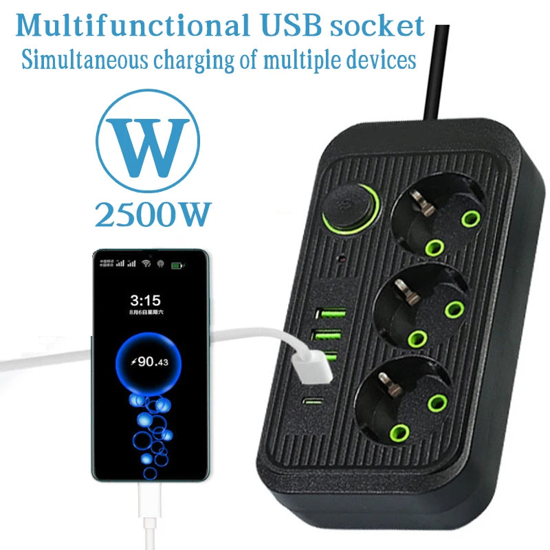Steckdosenleiste 2 m Verlängerungskabel Multiprise 3 AC-Steckdosen mit 4 USB 1 Typ-C | Premium-Netzwerkfilter und Ladegerät