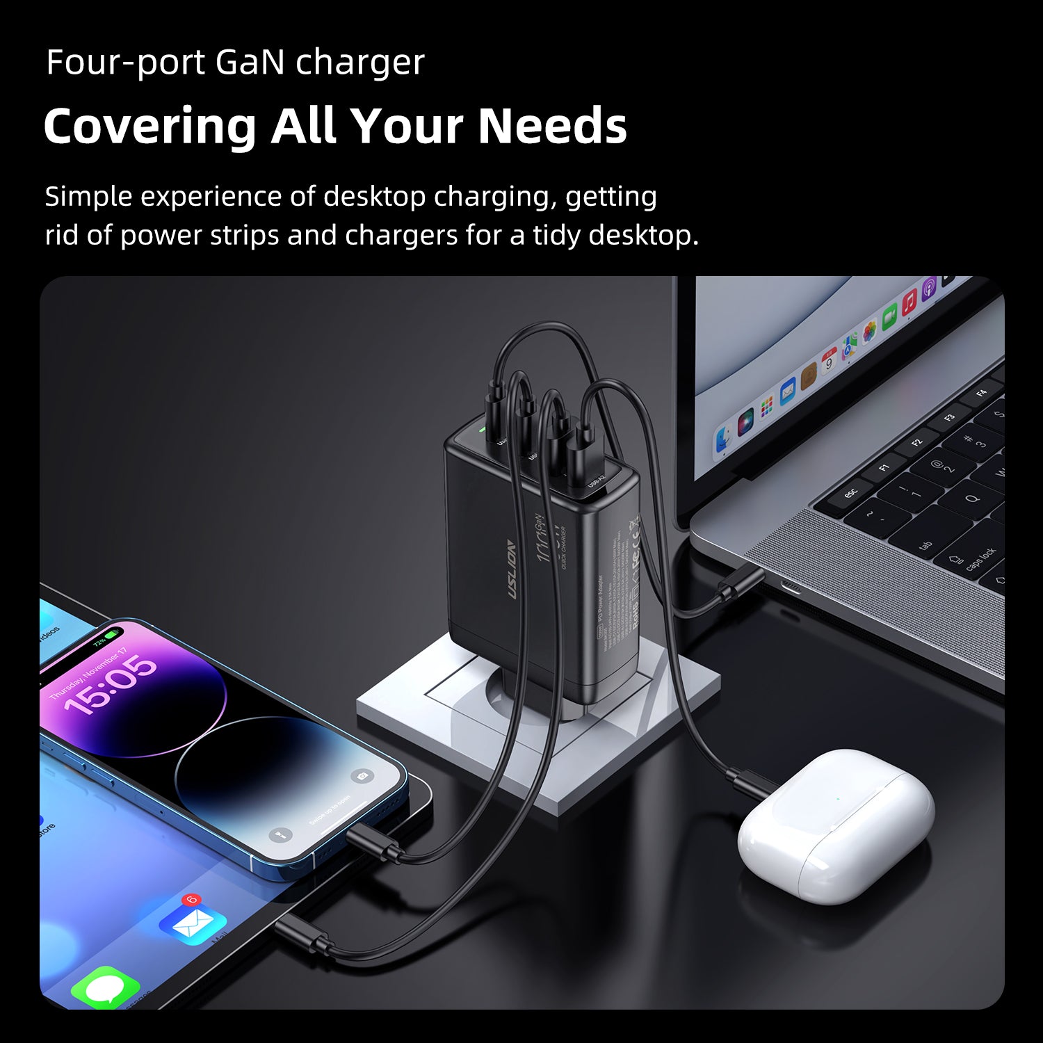 Station de charge rapide de bureau Gan Charger Premium 65W | Adaptateur 4 en 1 pour ordinateur portable et téléphone portable pour Apple iPhone 15 14 13 12 11 Pro Max Plus Mini, iOS, Android, Xiaomi, Samsung - Charge rapide