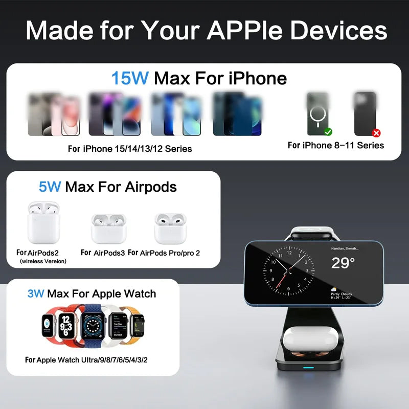 Station de charge magnétique pliable 3 en 1 Chargeur sans fil 15 W Station de charge rapide en aluminium Station d'accueil Station de charge sans fil Apple iPhone