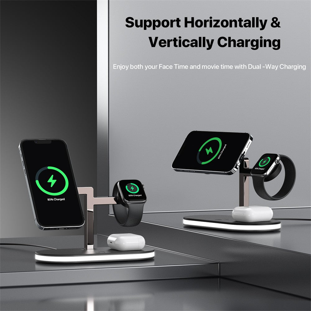 Station de recharge rapide LED 3 en 1 haut de gamme | Chargeur sans fil multifonctionnel, Station de charge rapide sans fil, Station d'accueil pour iPhone, AirPods, Apple Watch et iPad | Support et support pour téléphone/tablette
