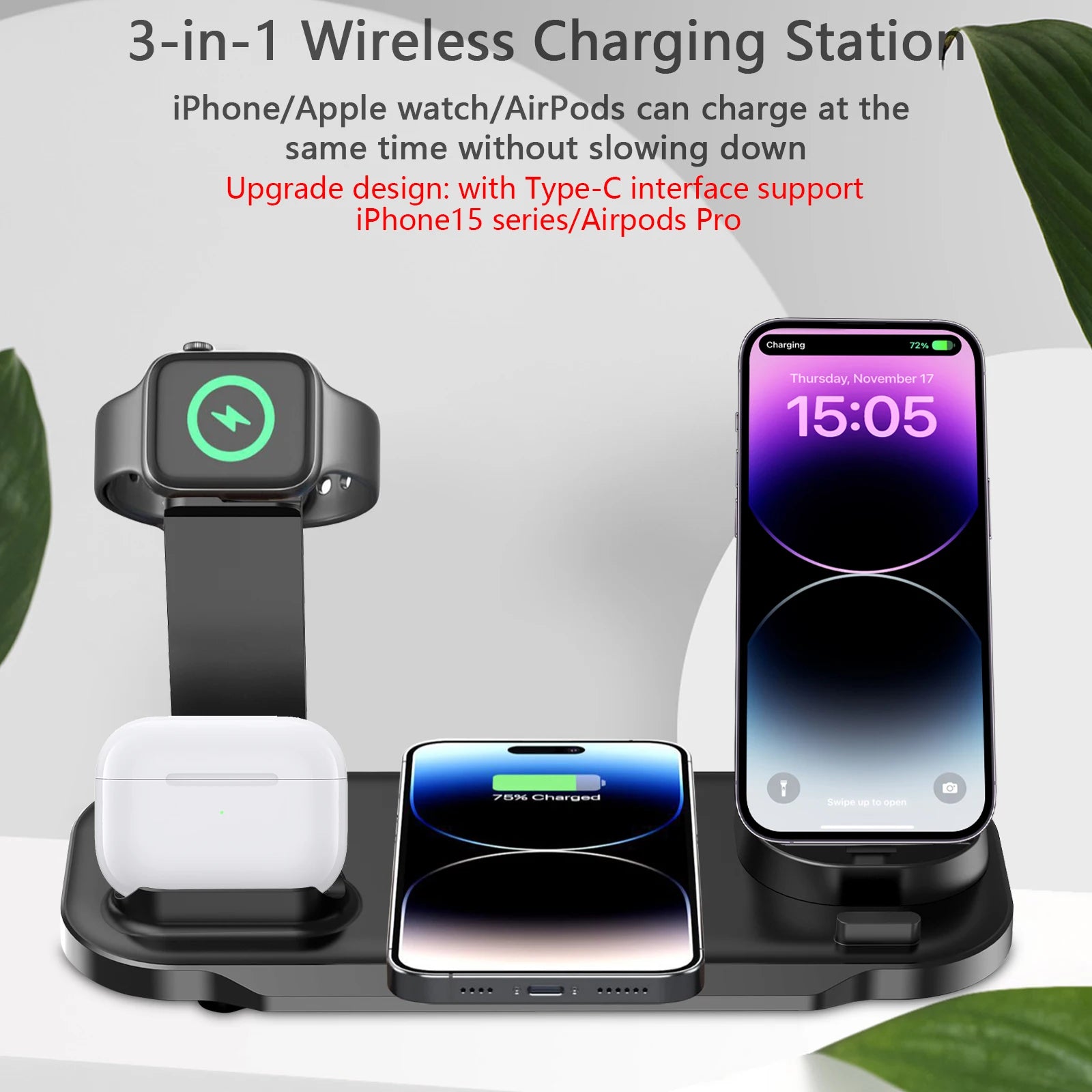 Station de recharge rapide LED 3 en 1 haut de gamme | Chargeur sans fil multifonctionnel, Station de charge rapide sans fil, Station d'accueil pour iPhone, AirPods, Apple Watch et iPad | Support et support pour téléphone/tablette