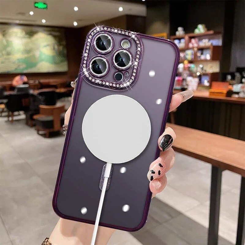 Premium Luxuriöses Rosa Diamant-Glitzer Klarlack-Handyhülle Hülle, MagSafe, Abdeckung,| Apple iPhone 15/11/12/13/14 Pro Max Plus - MagSafe, Magnetische Drahtlose Ladeabdeckung - Phone Heaven Zone