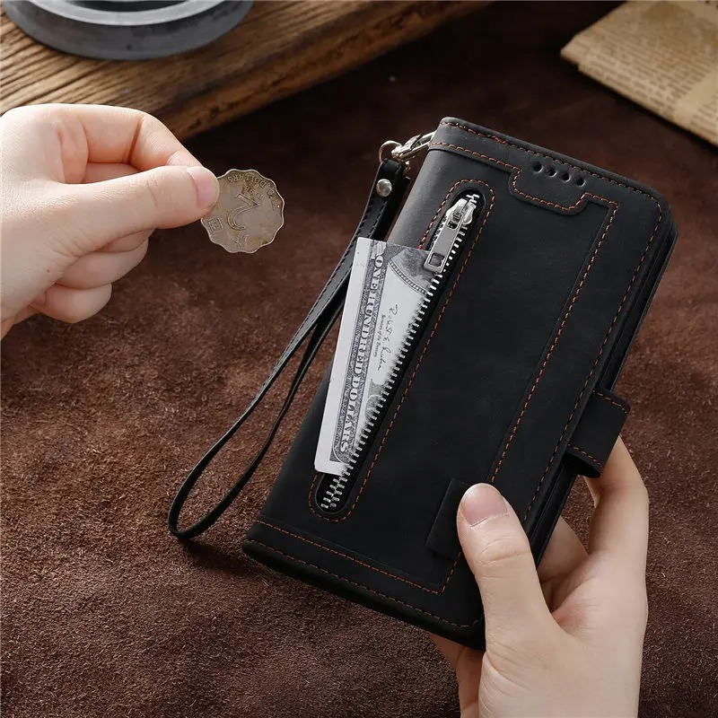 Hochwertige Leder-Handyhülle mit Reißverschluss, Kartenhalter, Stand und Riemen iPhone Hülle | Flip-Cover Case für Apple iPhone 17/17 Air, 16/16e, 15, 14, 13, 12 Pro Max, Pro, Plus & Mini - Vielseitige Schutzhülle