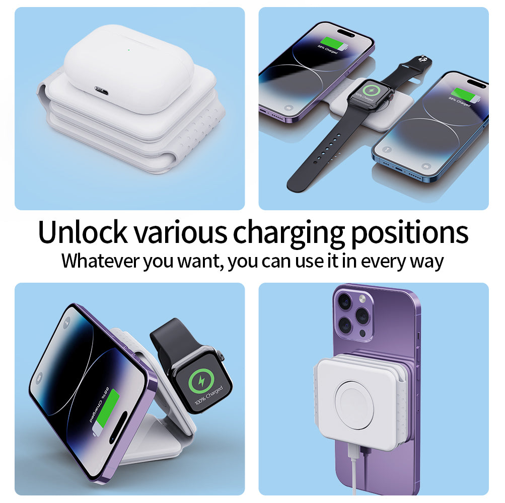 Station de charge rapide pliable 3 en 1, chargeur sans fil double magnétique 15 W MagSafe | Station de recharge portable pour Apple iPhone, AirPods, Watch