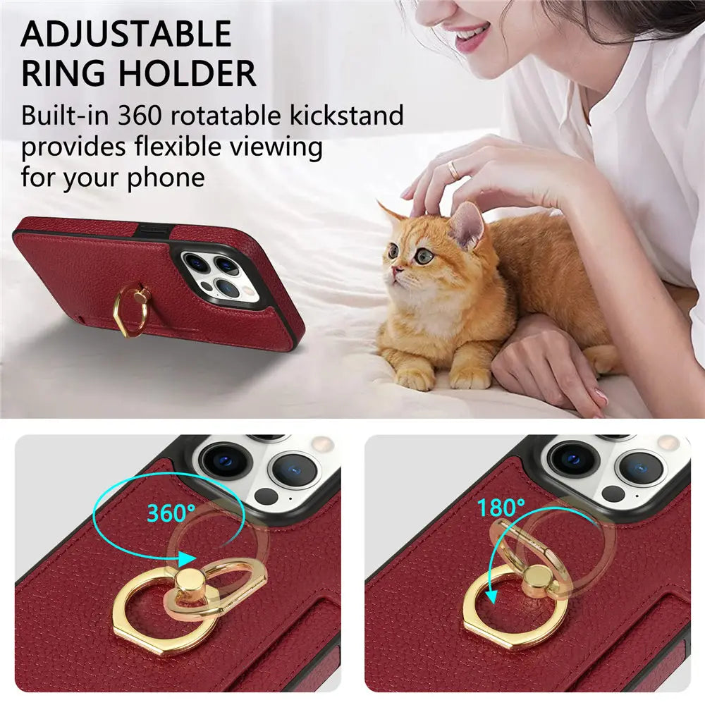 Hochwertiges Kartenfach Leder Brieftasche, Ringhalter und Ständer iPhone Hülle | MagSafe Case, Rundumschutz, Kameralinsenschutzabdeckung für Apple iPhone 17/17 Air, 16/16e, 15, 14, 13 Pro, Max, Plus | Panzer Handyhülle Wallet Geldbörse Schutzhülle