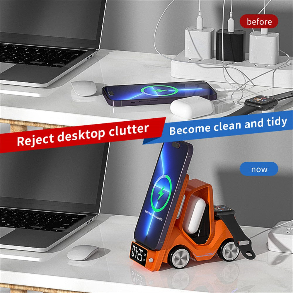Édition limitée : Station de charge rapide de conception de chariot élévateur MagSafe haut de gamme | Chargeur sans fil pour Apple iPhone, Android, Watch, AirPods | Station de chargement rapide sans fil avec réveil et veilleuse