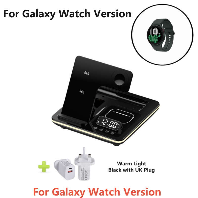 Station de charge rapide sans fil 5-en-1 30W Premium avec LED | Station de chargement rapide sans fil, chargeur avec support et réveil pour iPhone, Samsung, Android, Apple et Galaxy Watch, AirPods