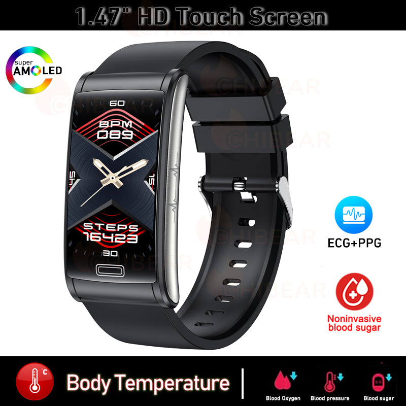 Bracelet intelligent de santé ECG + PPG de glycémie non invasif de haute qualité | Montre intelligente de sport étanche IP68 pour hommes avec surveillance de la glycémie