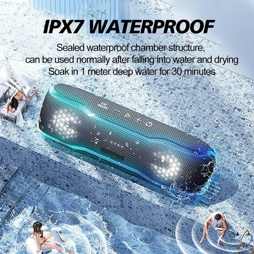 Premium Outdoor-Lautsprecher: Tragbar, IPX7 Wasserdicht, 25W, Buntes Licht, BT 5.3 Stereo-Soundbox | Kompatibel mit Apple