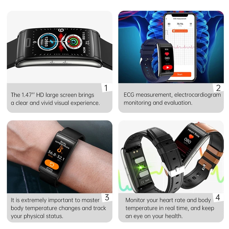 Bracelet intelligent de santé ECG + PPG de glycémie non invasif de haute qualité | Montre intelligente de sport étanche IP68 pour hommes avec surveillance de la glycémie